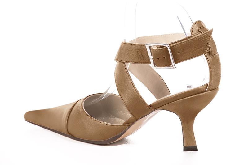 Camel beige women's open back shoes, with crossed straps. Pointed toe. High spool heels. Rear view - Florence KOOIJMAN